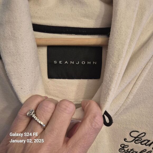Sean John XL Ivory Dress Sweatshirt Cowl Style Button Neck Embroidered Sharp EUC - Picture 4 of 4